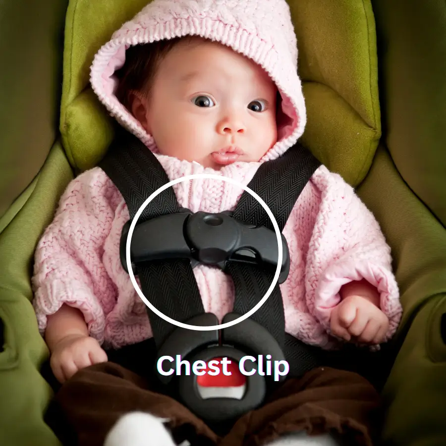 Close-up of chest clip on infant car seat harness positioned at armpit level.