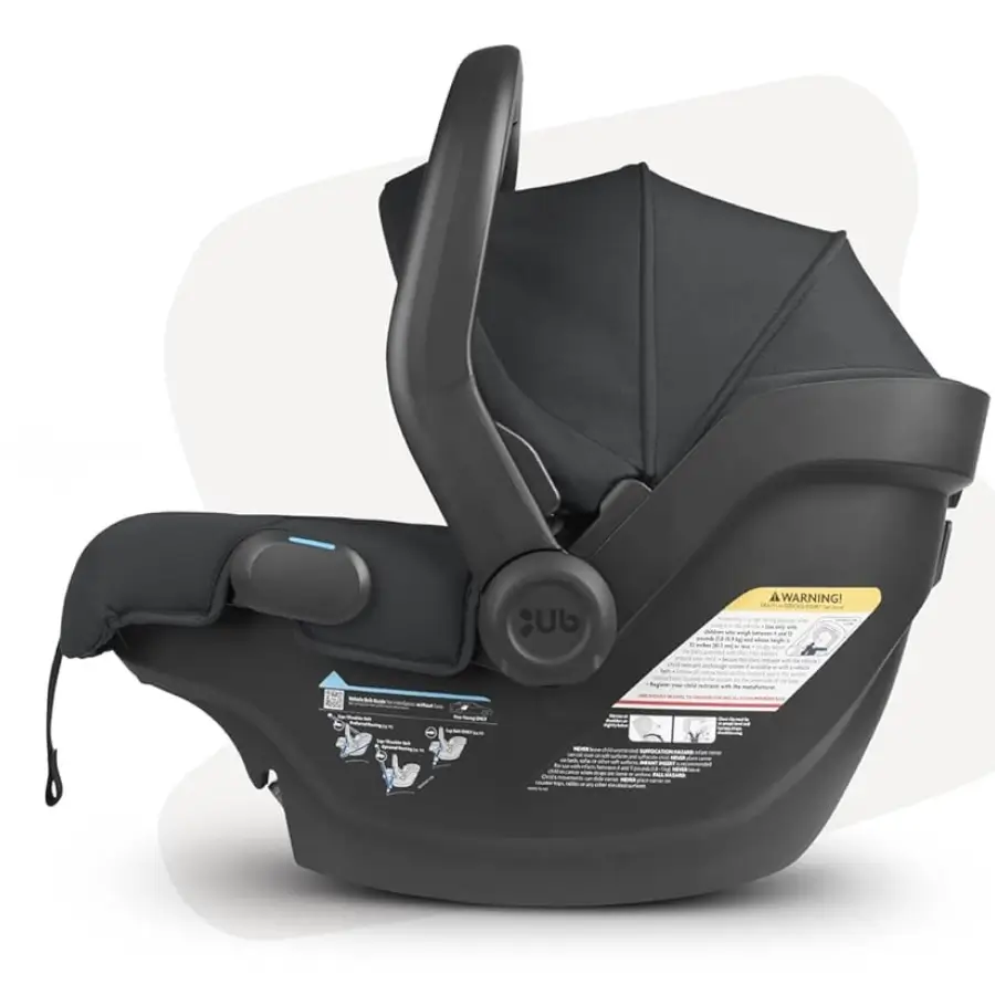Infant car seat carrier shell without base that clicks securely into car seat base.
