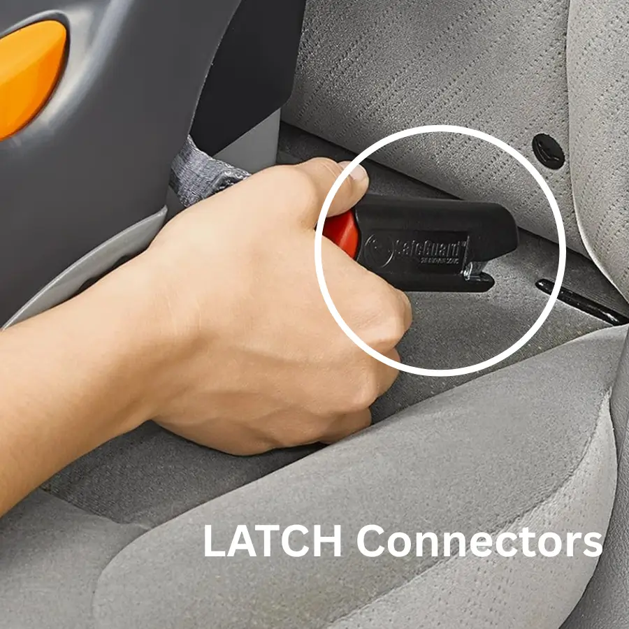 LATCH connectors on an infant car seat base for secure vehicle installation.