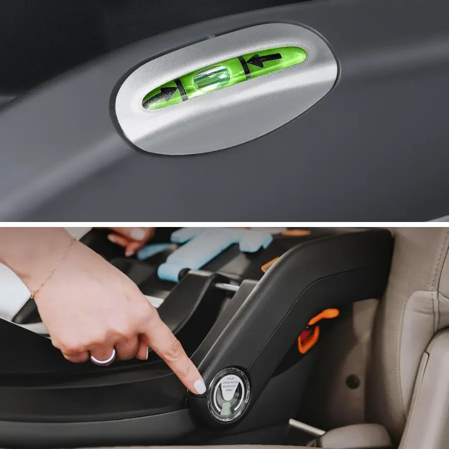 Recline angle indicator on an infant car seat showing proper seat positioning