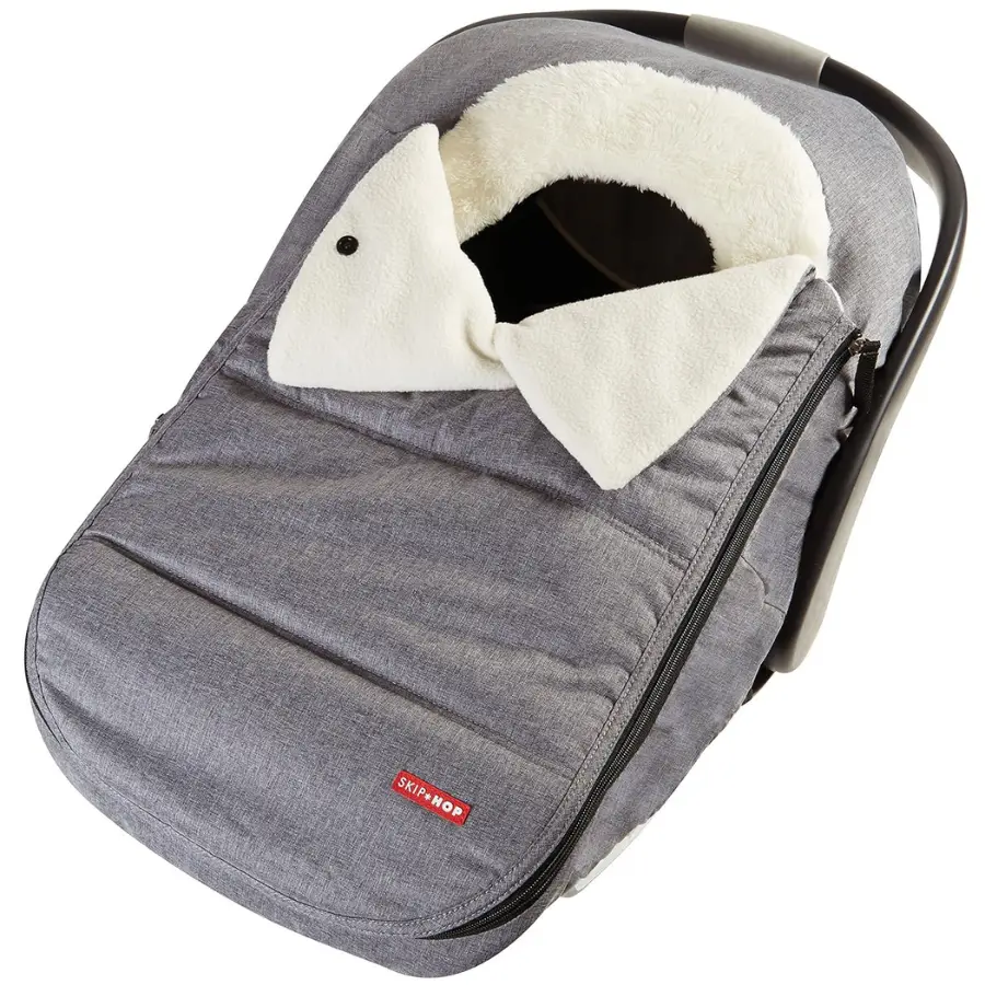 Winter car seat cover by Skip Hop in grey with warm fleece lining for infant comfort.