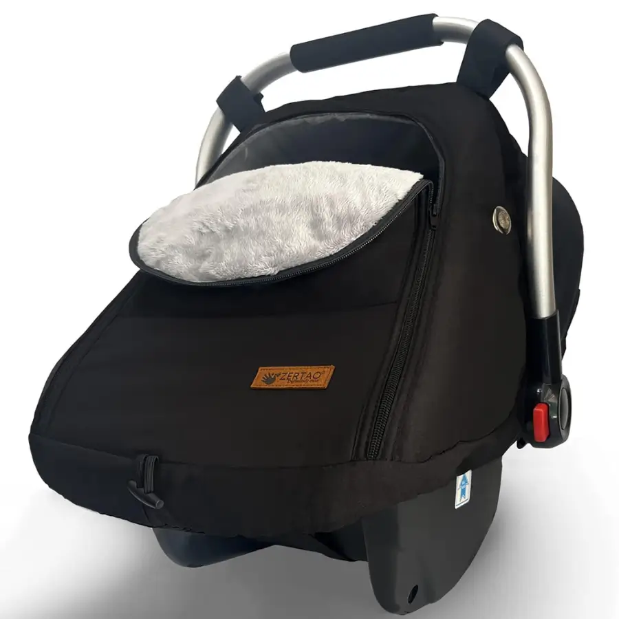 ZERTAO black winter car seat cover with soft fleece opening on infant car seat.