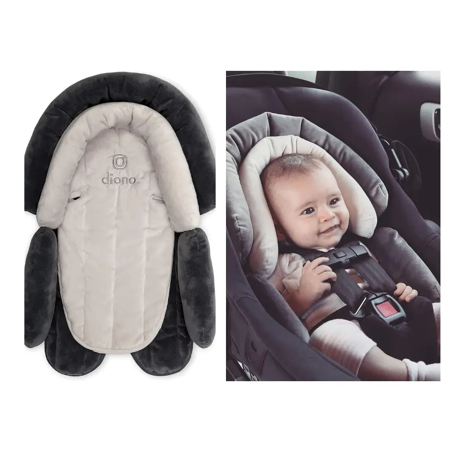 Diono Cuddle Soft 2-in-1 head support with chest pads used in an infant car seat.