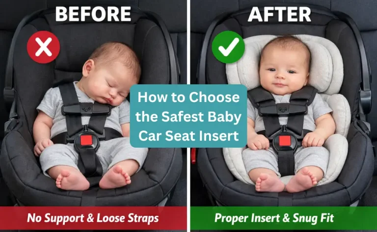 Infant in a car seat comparing a safe baby car seat insert vs. unsafe slumping without support.