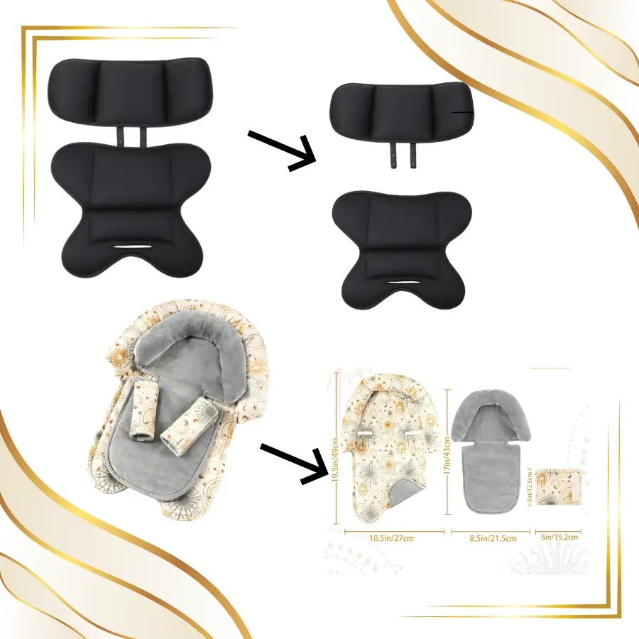 Adjustable baby car seat insert with removable head and body support cushions for newborn positioning and safety.