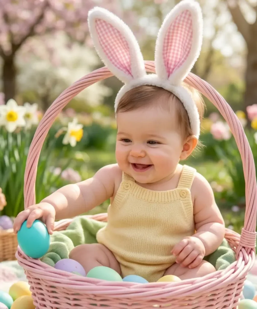 A smiling baby in a yellow knit romper and bunny ears sitting in a pink wicker basket, reaching for a large blue egg in a spring garden.