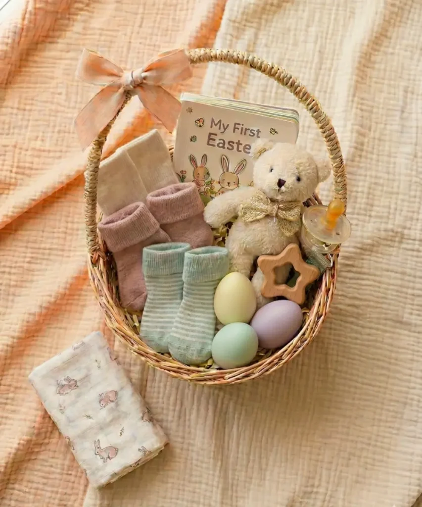 A safe baby Easter basket featuring a wooden star teether, board book, cotton socks, and large decorative eggs on a soft muslin blanket.
