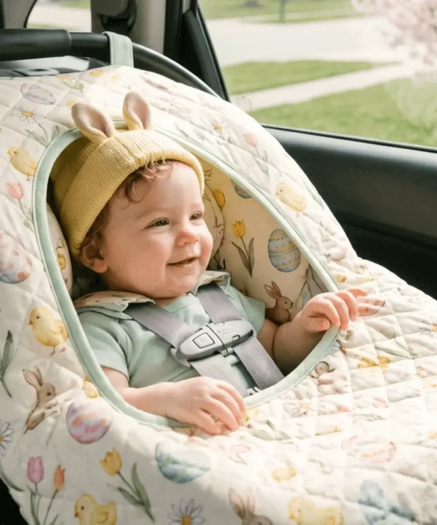"A baby in a rear-facing car seat using a floral Easter shower-cap style cover, showing proper harness fit and chest clip placement at armpit level.
