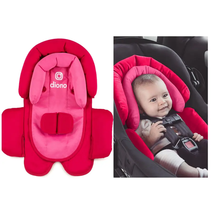 Diono Cuddle Soft 2-in-1 head support - Pink Cotton Candy with chest pads used in an infant car seat.