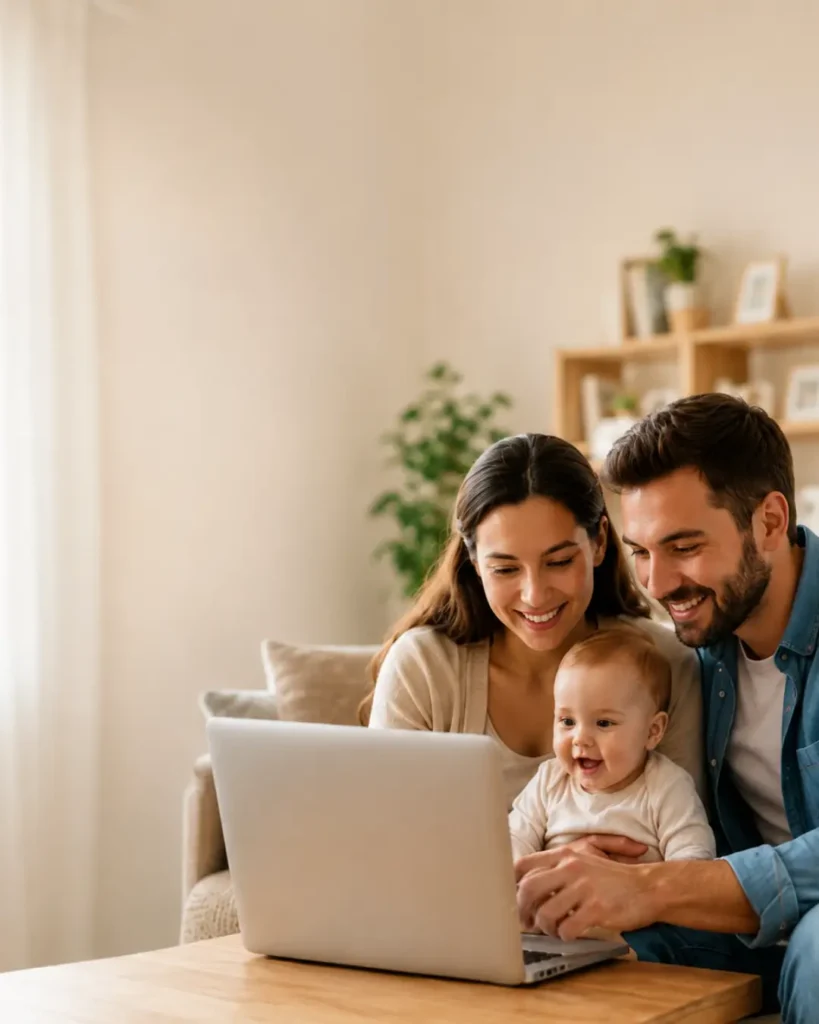 Parents comparing baby gear and safety products online with their baby.