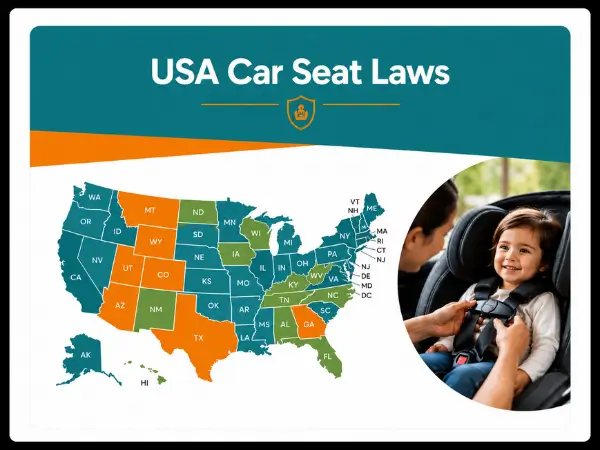 USA car seat laws by state category featuring a U.S. map and a child secured in a baby car seat.