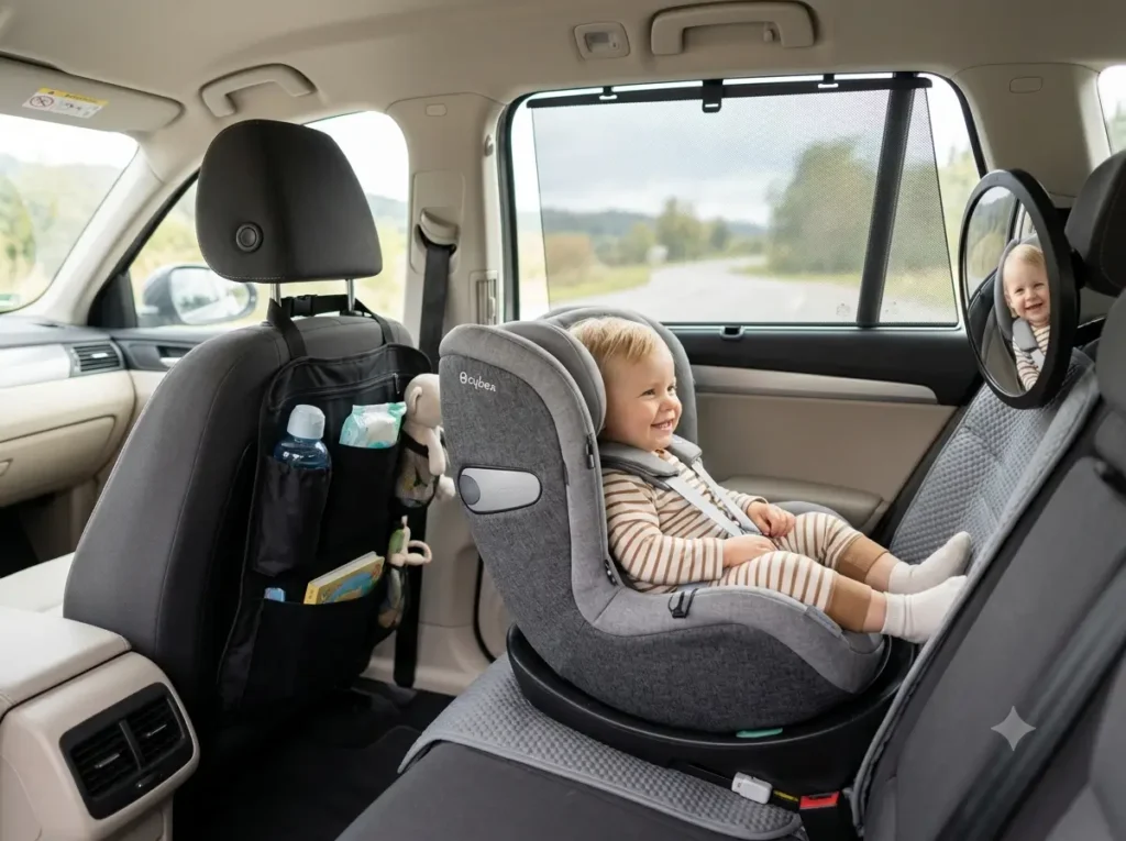 Baby car seat with organizer, mirror, protector, and sunshade inside a family car.