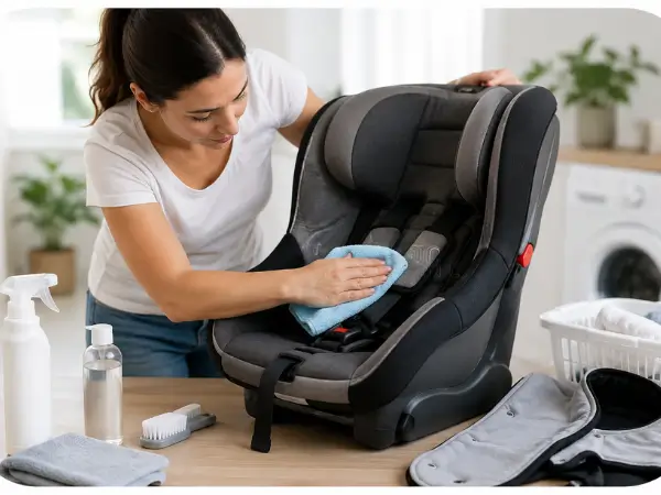 Parent cleaning a baby car seat with safe cleaning supplies for proper maintenance.