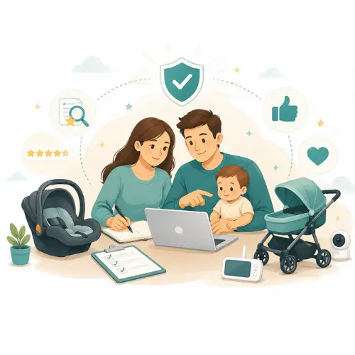 Illustration of parents choosing safe and comfortable baby gear for their child.