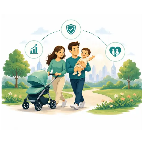 Illustration of parents confidently choosing safe baby gear for their child with trusted guidance.