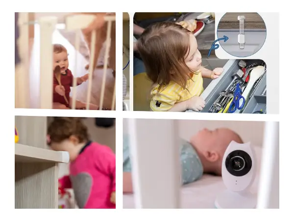 Baby safety essentials including a stair gate, cabinet lock, corner guard, and baby monitor.
